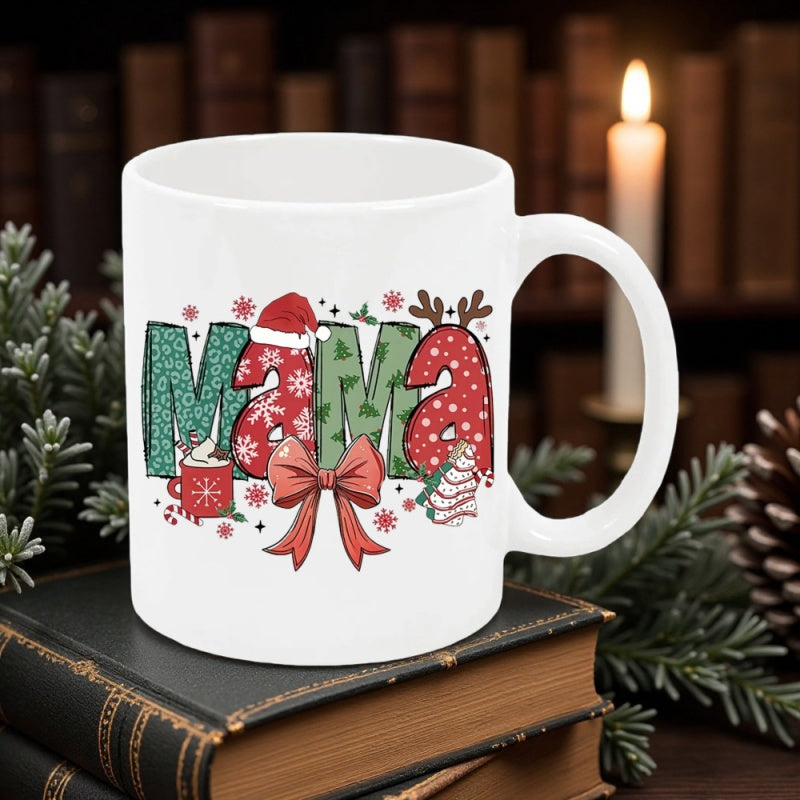 Tailorly White Ceramic 11 oz Mug - Mama Festive Christmas Letters With Reindeer Antlers And Santa Hat Pattern