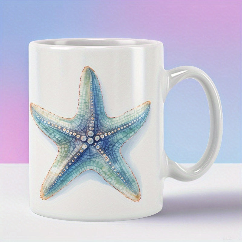 Tailorly White Ceramic 11 oz Mug - Detailed Watercolor Ocean Creature Resting On White Ceramic Background Starfish
