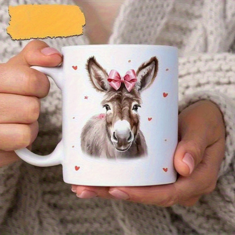 Tailorly White Ceramic 11 oz Mug - Adorable Watercolor Illustration With Pink Bow And Tiny Hearts Donkey