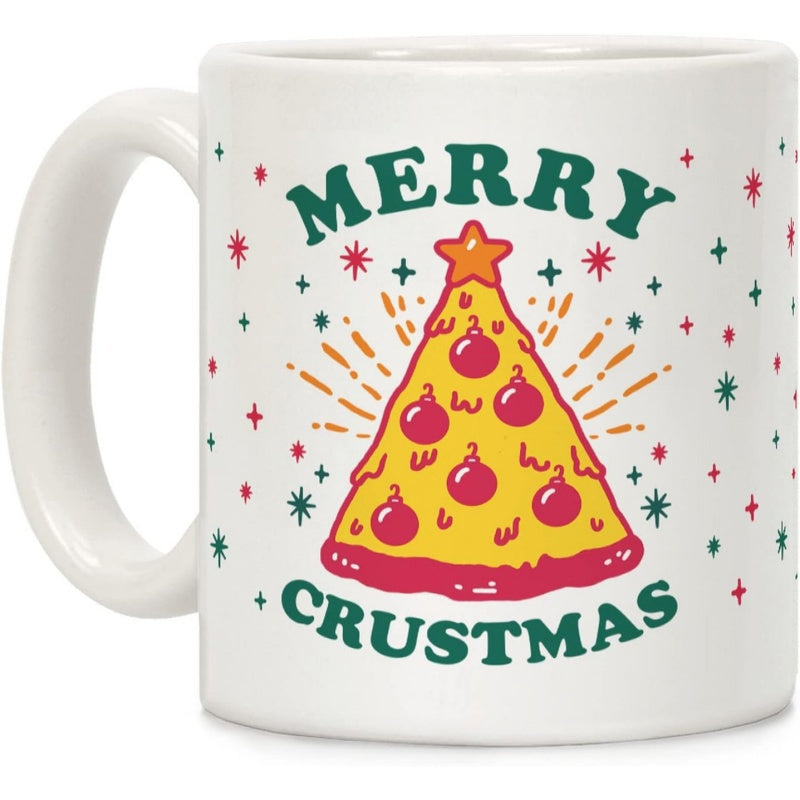Tailorly White Ceramic 11 oz Mug - Merry Crustmas Festive Slice Decorated Like Holiday Tree With Ornaments And Star Pizza
