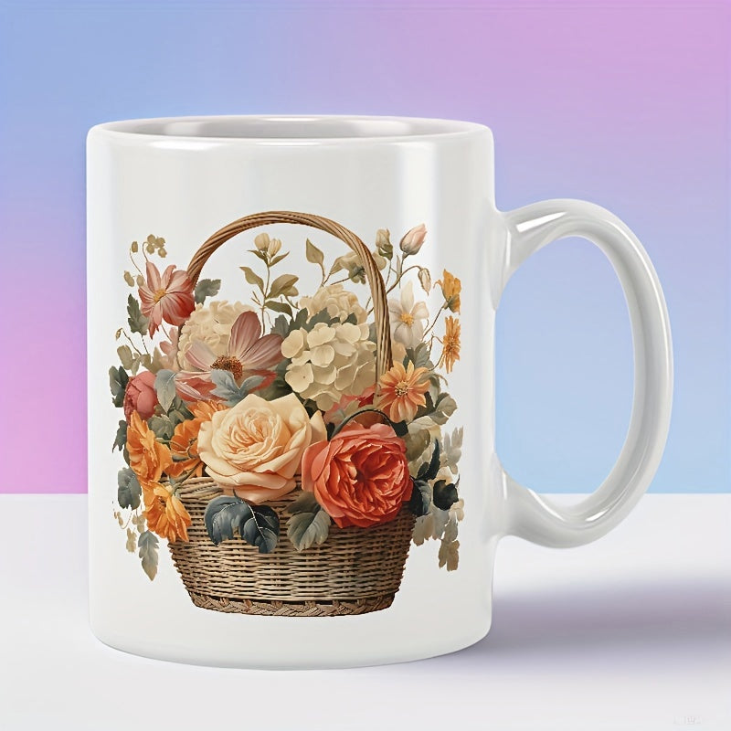 Tailorly White Ceramic 11 oz Mug - Elegant Vintage Wicker Container Filled With Beautifully Blooming Assorted Garden Flower Basket