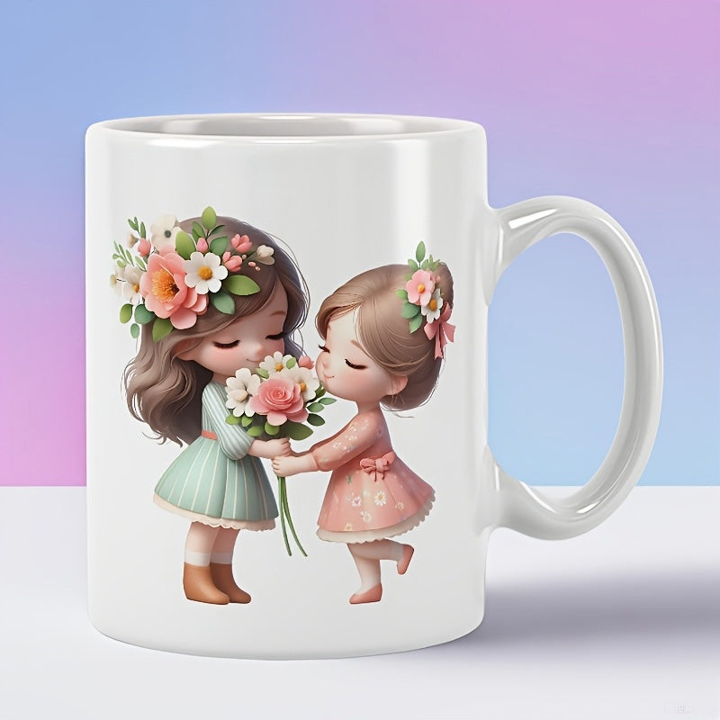 Tailorly White Ceramic 11 oz Mug - Two Adorable Little Girls Wearing Pastel Dresses Holding A Floral Bouquet Girls