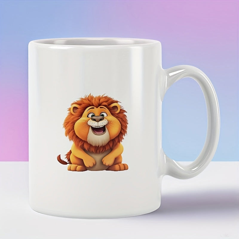 Tailorly White Ceramic 11 oz Mug - Cheerful Sitting Little Lion With Fluffy Orange Mane And Wide Smile Lion