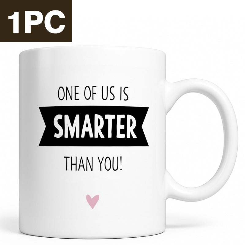 Tailorly White Ceramic 11 oz Mug - One Of Us Is Smarter Than You Minimalist Design Featuring A Bold Black Ribbon And Tiny Pink Heart Mug