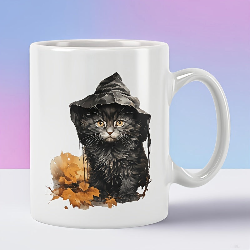 Tailorly White Ceramic 11 oz Mug - Mystical Fluffy Black Kitten Wearing Tattered Witch Hat Among Autumn Leaves Cat