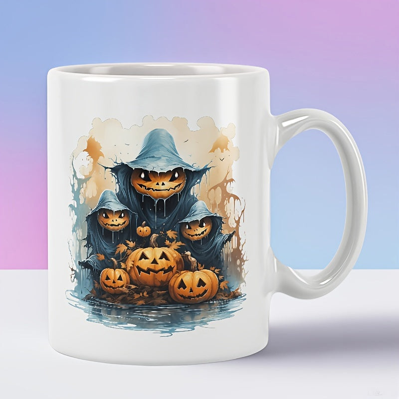 Tailorly White Ceramic 11 oz Mug - Spooky Halloween Pumpkins Wearing Dark Blue Hooded Cloaks Pumpkin