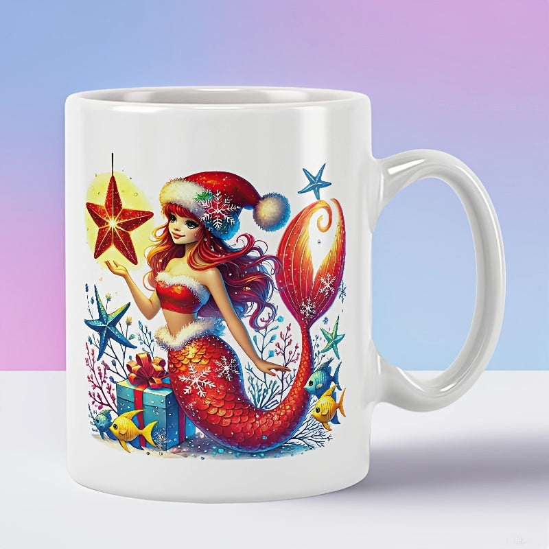 Tailorly White Ceramic 11 oz Mug - Festive Mermaid Wearing Santa Hat Among Stars And Undersea Gifts Mermaid