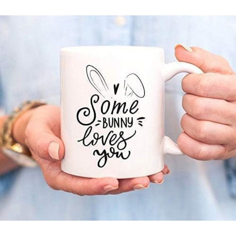 Tailorly White Ceramic 11 oz Mug - Some Bunny Loves You Hand Drawn Minimalist Ears With Cute Heart And Script Lettering Rabbit