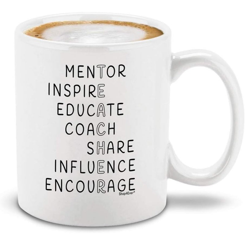 Tailorly White Ceramic 11 oz Mug - Mentor Inspire Educate Coach Share Influence Encourage Teacher Minimalist Typography Design On A Pure