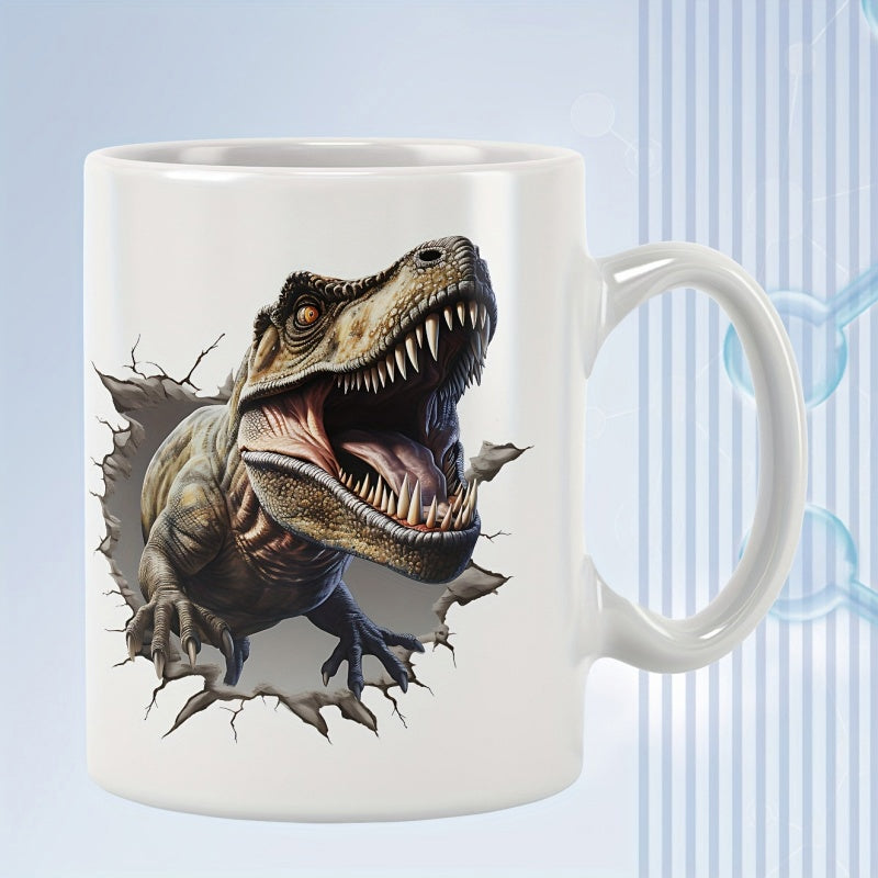 Tailorly White Ceramic 11 oz Mug - Fierce Tyrannosaurus Rex Bursting Through Realistic Cracked Stone Wall Dinosaur