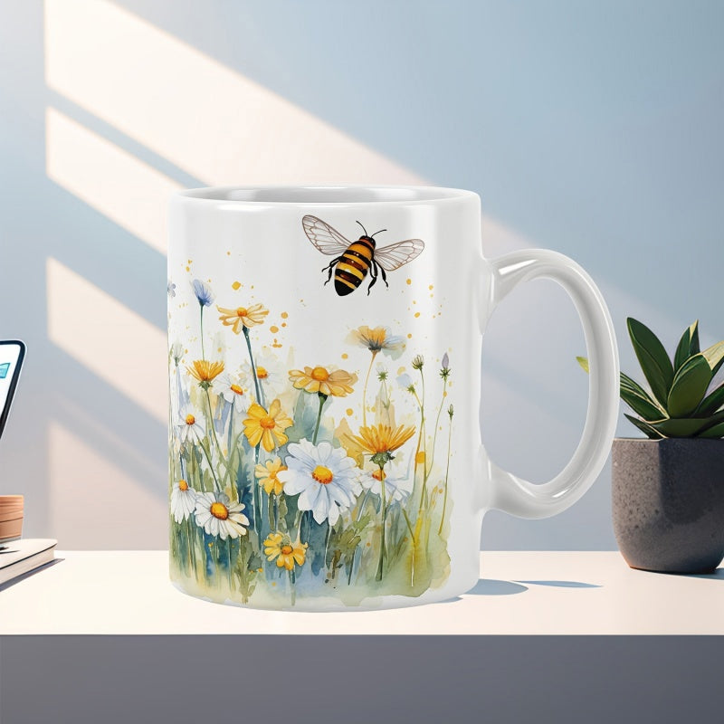 Tailorly White Ceramic 11 oz Mug - Watercolor Daisies With A Flying Bumblebee In A Sunny Summer Garden Bee