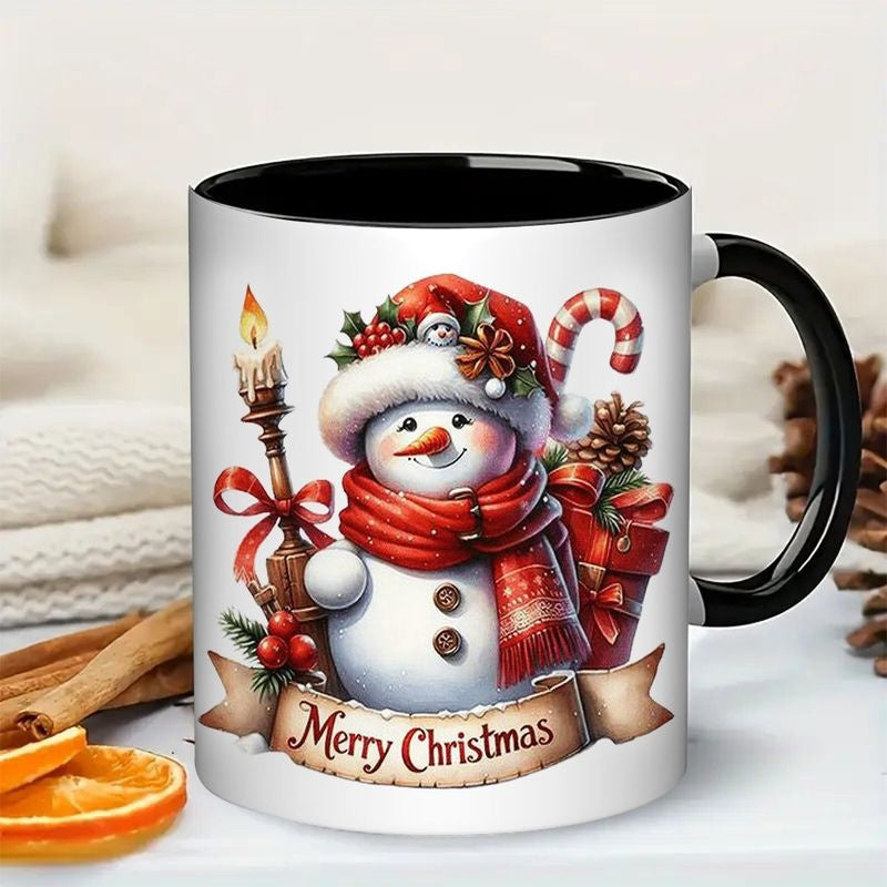 Tailorly Black Accent 11 oz Mug - christmas snowman with candle and candy cane