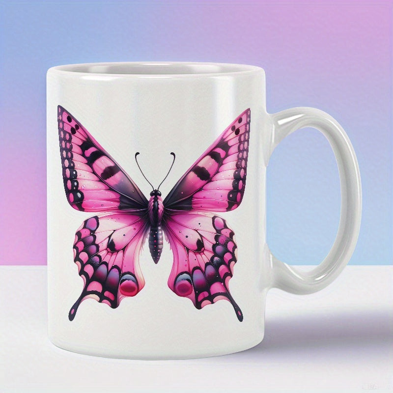 Tailorly White Ceramic 11 oz Mug - Delicate Pink Wings Displaying Vibrant Purple Tones Among Artistic Black Lines Butterfly