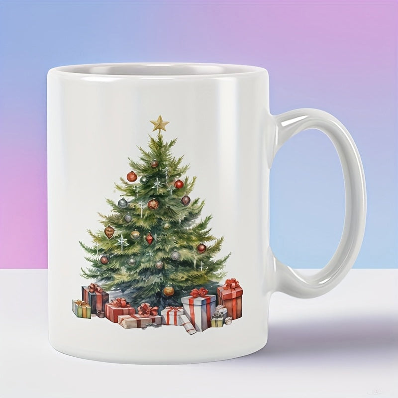 Tailorly White Ceramic 11 oz Mug - Traditional Evergreen Decorated With Golden Star And Colorful Gifts Around Tree
