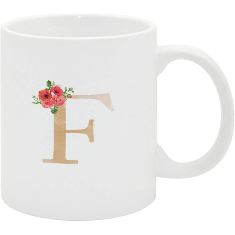 Tailorly White Ceramic 11 oz Mug - F Elegant Gold Watercolor Monogram Initial With Delicate Pink Roses And Leaves Flower
