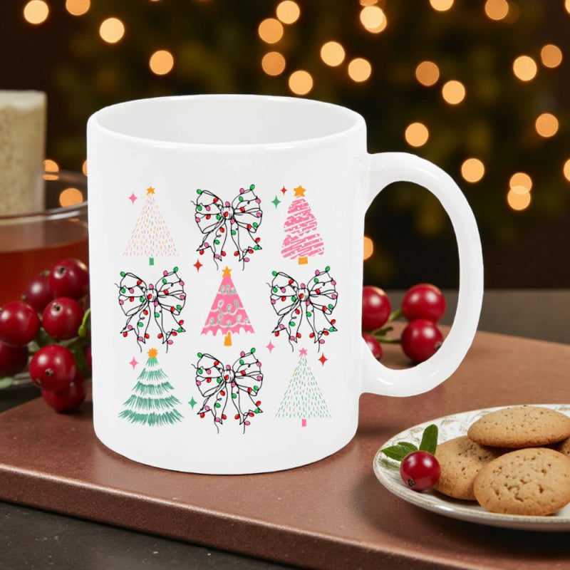 Tailorly White Ceramic 11 oz Mug - Festive Holiday Bows And Colorful Trees Arranged In A Decorative Grid Mug