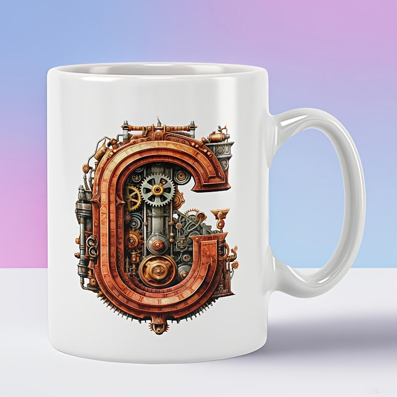 Tailorly White Ceramic 11 oz Mug - G Intricate Industrial Steampunk Gears And Rusty Metal Pipes Forming An Artistic Letter