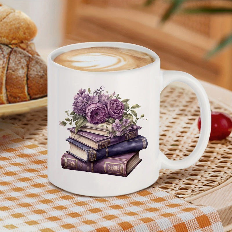 Tailorly White Ceramic 11 oz Mug - Elegant Vintage Purple Floral Bouquet Resting Upon A Stack Of Old Books