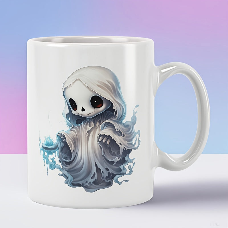 Tailorly White Ceramic 11 oz Mug - Small Chibi Style Ghostly Figure With Glowing Blue Magic Floating Aura Reaper