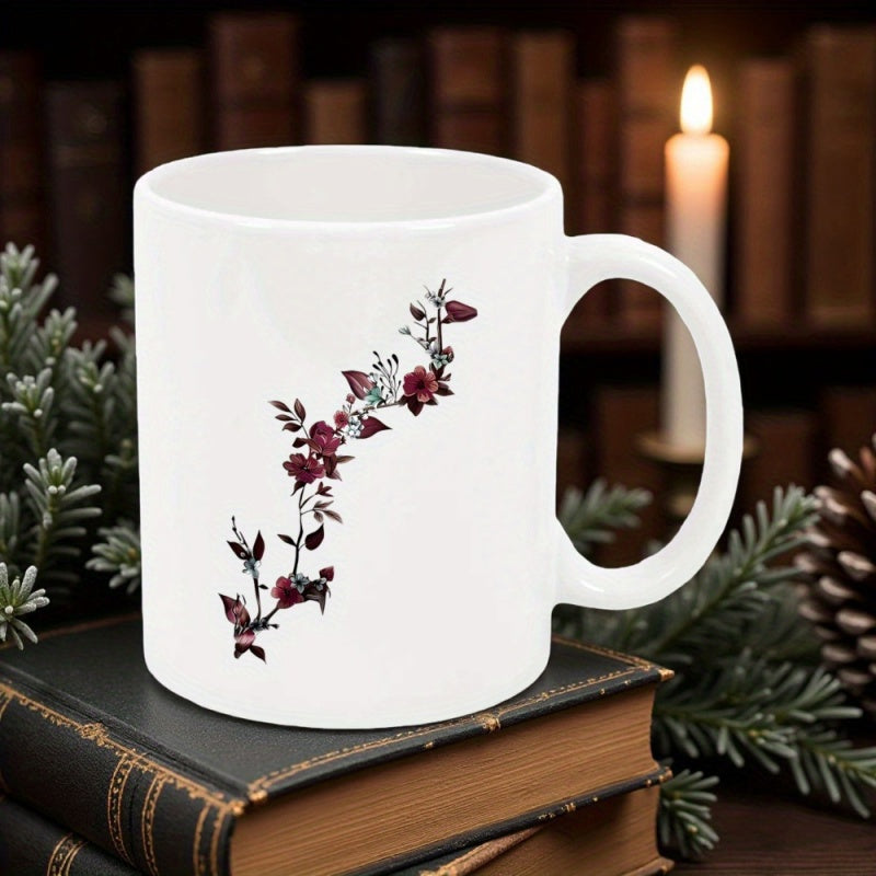 Tailorly White Ceramic 11 oz Mug - Dark Red Blossoms On Elegant Delicate Vine With Vintage Aesthetic Style Flower