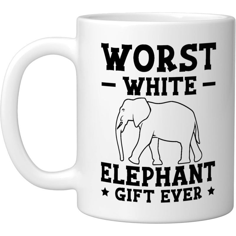 Tailorly White Ceramic 11 oz Mug - Worst White Elephant Gift Ever Simple Black Minimalist Line Drawing Of African Savanna Elephant