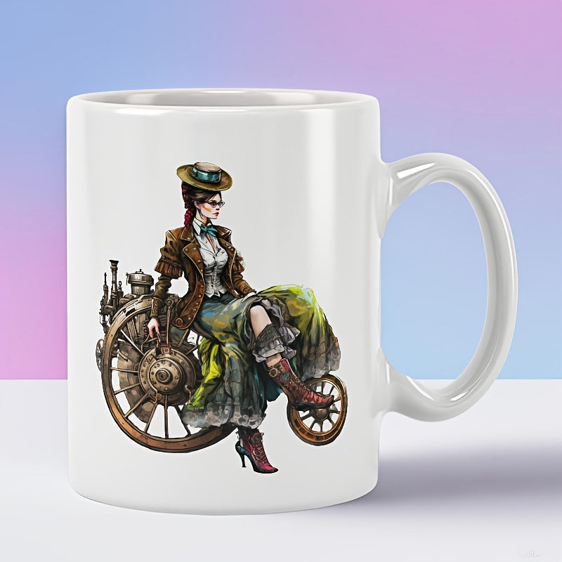 Tailorly White Ceramic 11 oz Mug - Victorian Lady Sitting On Large Intricate Mechanical Gears In Steampunk Fashion Woman