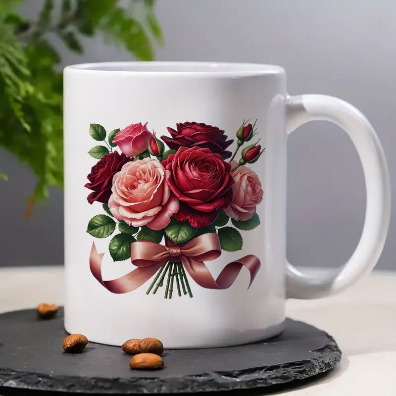 Tailorly White Ceramic 11 oz Mug - Elegant Pink And Red Roses Tied With Silky Ribbon Bouquet