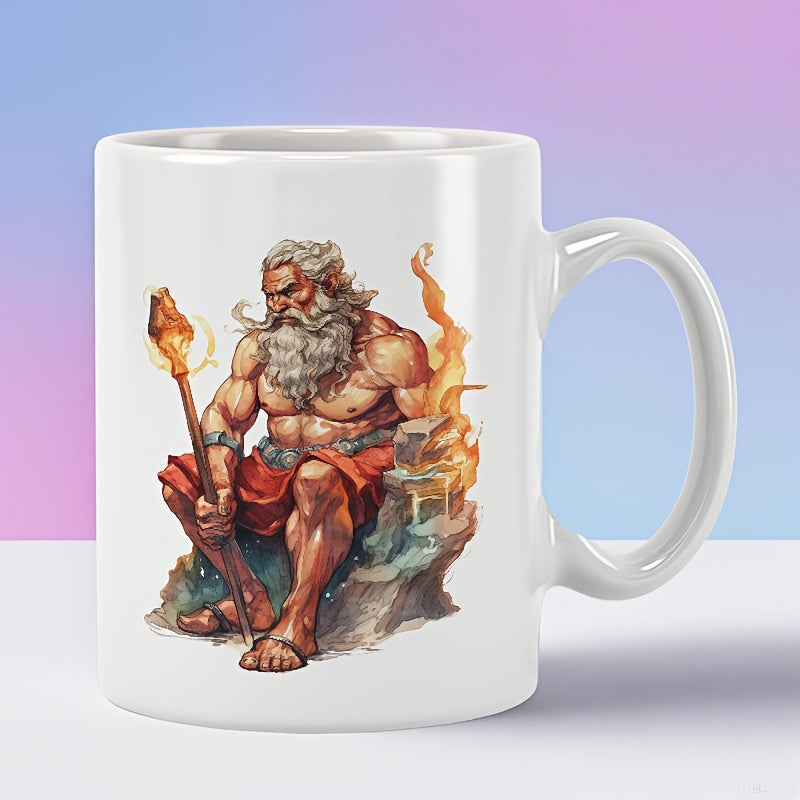 Tailorly White Ceramic 11 oz Mug - Powerful Mythological Elder Holding Glowing Torch Seated Among Ancient Rocks Man