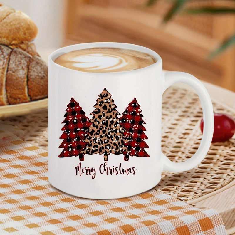 Tailorly White Ceramic 11 oz Mug - Merry Christmas Three Festive Patterned Christmas Trees With Leopard And Buffalo Plaid Textures Tree