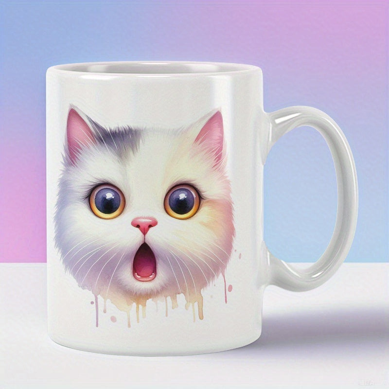 Tailorly White Ceramic 11 oz Mug - Adorable Surprised White Feline Featuring Artistic Pastel Paint Drip Splatter Cat