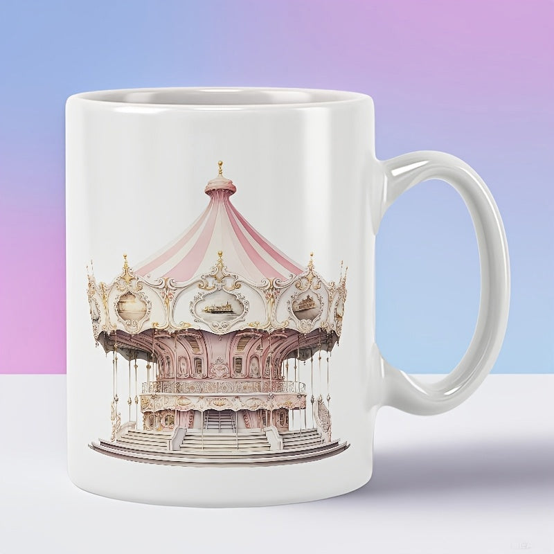 Tailorly White Ceramic 11 oz Mug - Vintage Pastel Pink And White Structure With Detailed Golden Ornaments Carousel