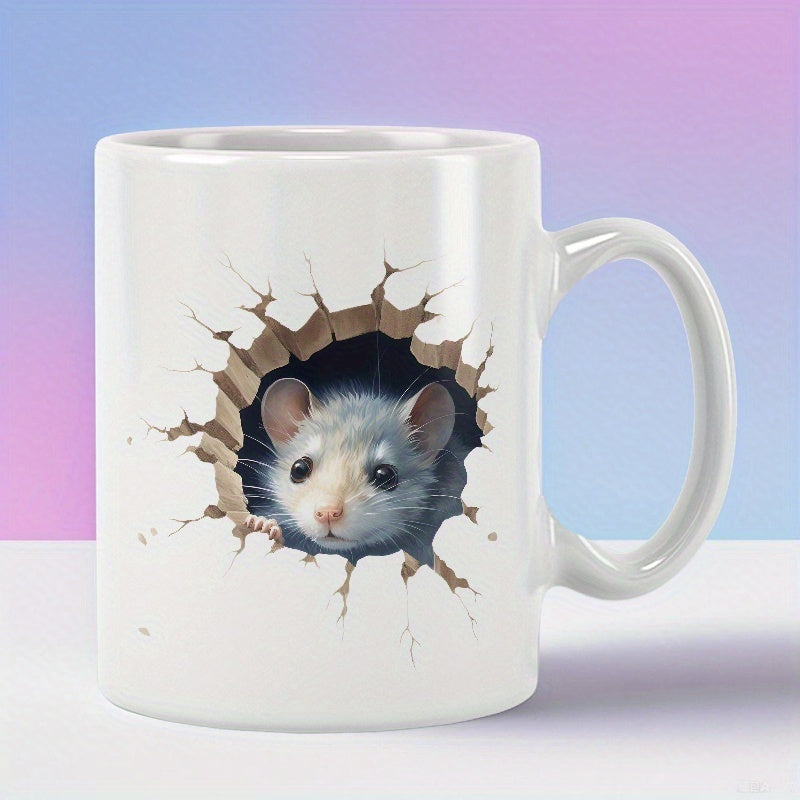 Tailorly White Ceramic 11 oz Mug - Realistic Small Grey Rodent Peeping Through A Dark Cracked Stone Hole Rat
