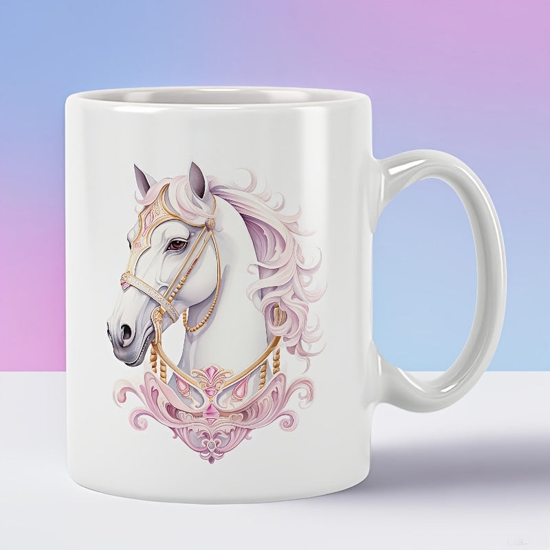 Tailorly White Ceramic 11 oz Mug - Majestic White Stallion With Flowing Pink Mane And Golden Filigree Ornament Horse