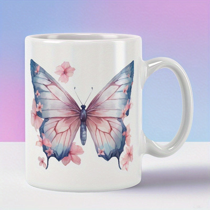 Tailorly White Ceramic 11 oz Mug - Vibrant Watercolor Wings Fluttering Among Soft Delicate Pink Cherry Blossoms Butterfly