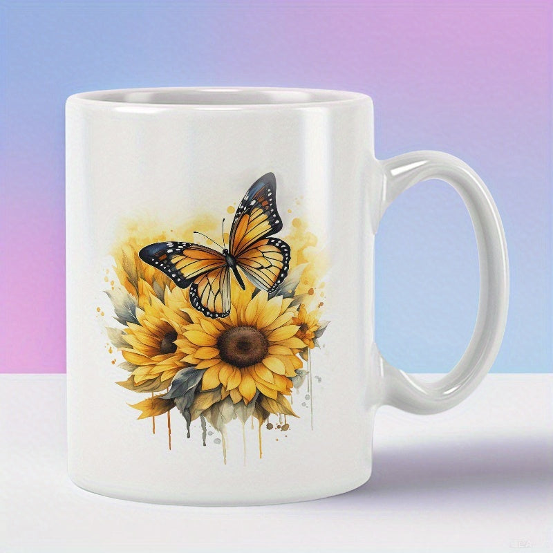 Tailorly White Ceramic 11 oz Mug - Vibrant Monarch Butterfly Resting Gracefully Among Bright Yellow Blooming Summer Sunflowers Sunflower