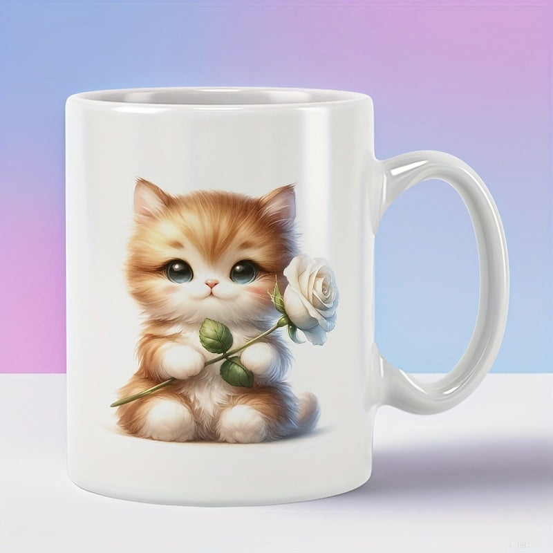 Tailorly White Ceramic 11 oz Mug - Fluffy Little Ginger Kitten Holding A Beautiful Single White Blooming Rose Cat