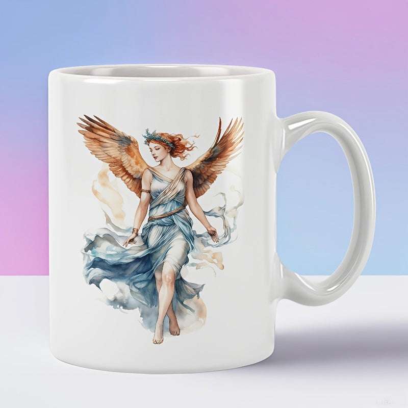 Tailorly White Ceramic 11 oz Mug - Classical Winged Goddess In Flowing Blue Robe With Golden Feathers Angel