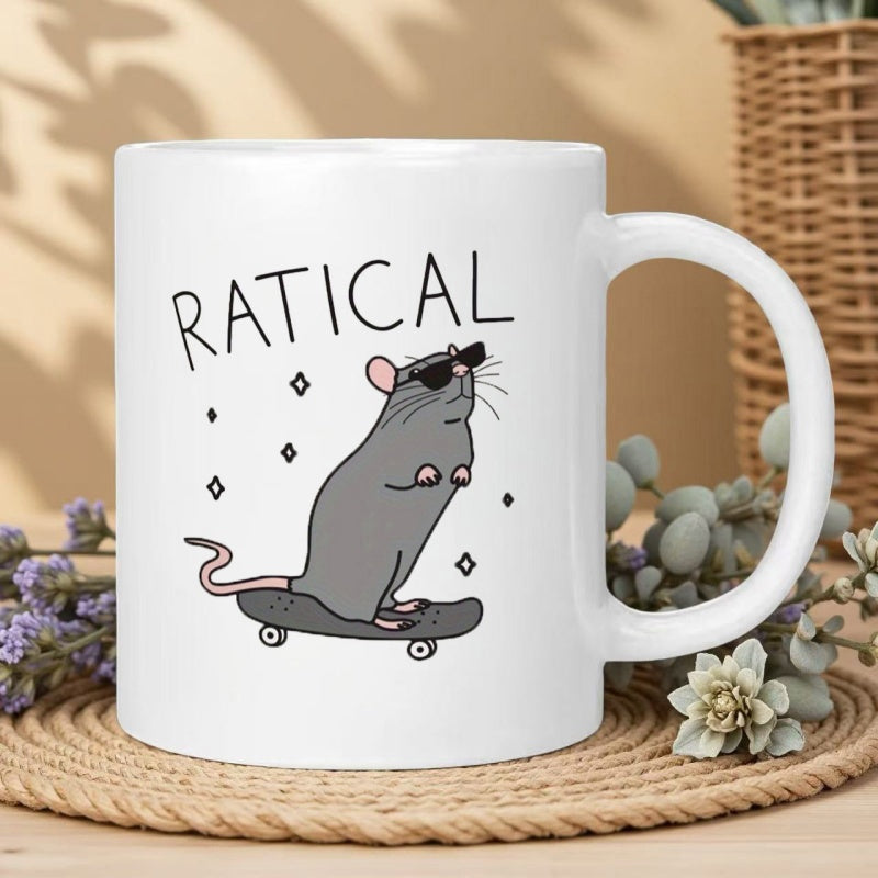 Tailorly White Ceramic 11 oz Mug - Ratical Cool Cartoon Grey Rat Wearing Sunglasses Riding A Skateboard Rat