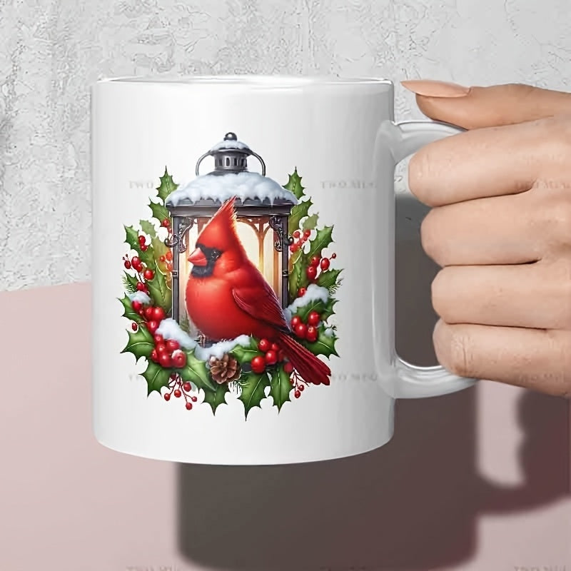 Tailorly White Ceramic 11 oz Mug - Vibrant Red Bird Perched In Snowy Lantern Among Holly Berries Cardinal
