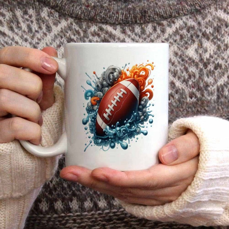 Tailorly White Ceramic 11 oz Mug - Dynamic Artistic Water And Fire Splashes Surrounding A Classic Textured Football