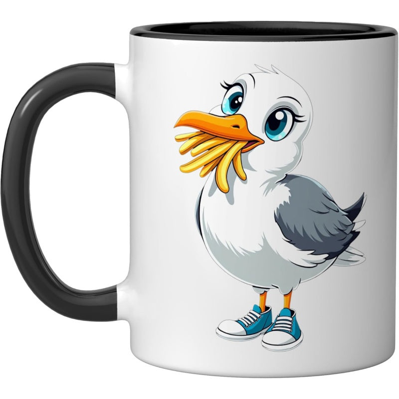 Tailorly Black Accent 11 oz Mug - seagull with fries and sneakers