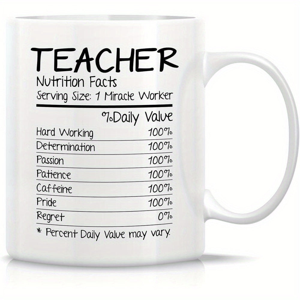 Tailorly White Ceramic 11 oz Mug - Teacher Nutrition Facts Serving Size One Miracle Worker Daily Value Sleek White Ceramic Coffee Cup Displaying Educational