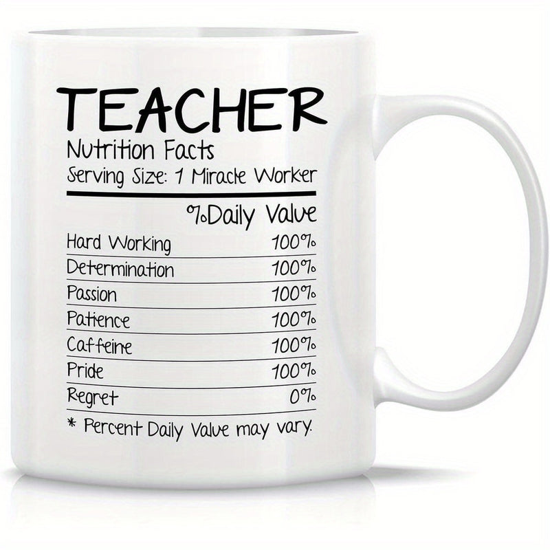 Tailorly White Ceramic 11 oz Mug - Teacher Nutrition Facts Serving Size One Miracle Worker Daily Value Sleek White Ceramic Coffee Cup Displaying Educational