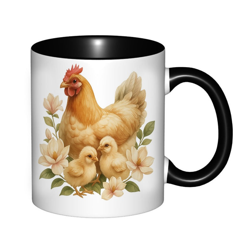 Tailorly Black Accent 11 oz Mug - cute hen and chicks with flowers watercolor design