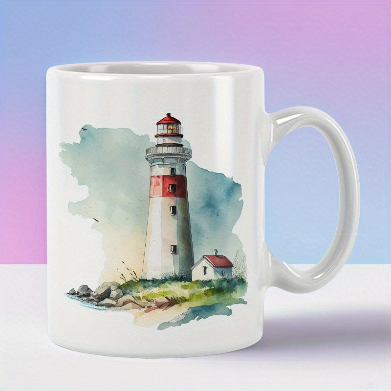 Tailorly White Ceramic 11 oz Mug - Artistic Watercolor Coastal Scene With A Red Striped Maritime Beacon Lighthouse