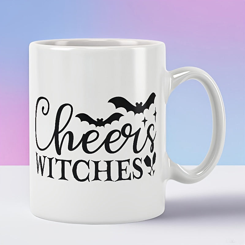 Tailorly White Ceramic 11 oz Mug - Cheers Witches Flying Night Creatures Among Twinkling Stars Over Festive Halloween Bats