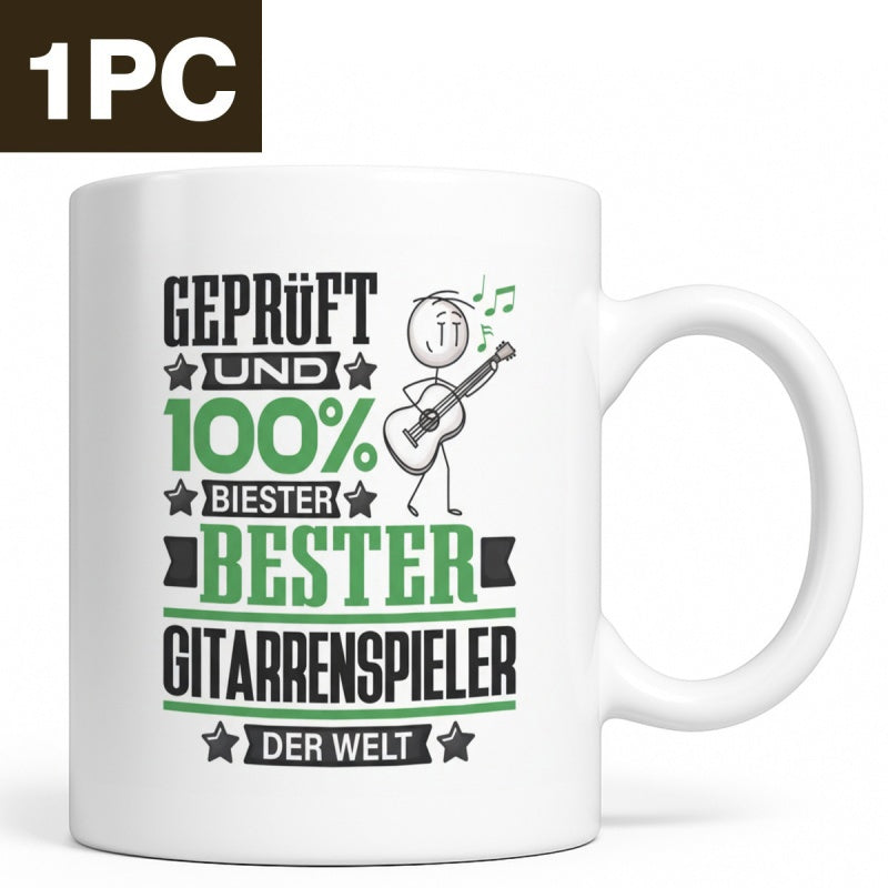 Tailorly White Ceramic 11 oz Mug - Minimalist Stick Figure Playing Acoustic Guitar With Floating Musical Notes Guitarist