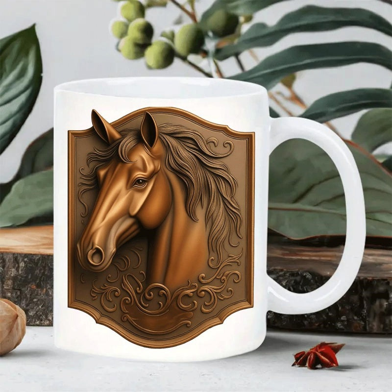 Tailorly White Ceramic 11 oz Mug - Rustic Brown Wooden Plaque Featuring Majestic Stallion Head With Flowing Mane Horse