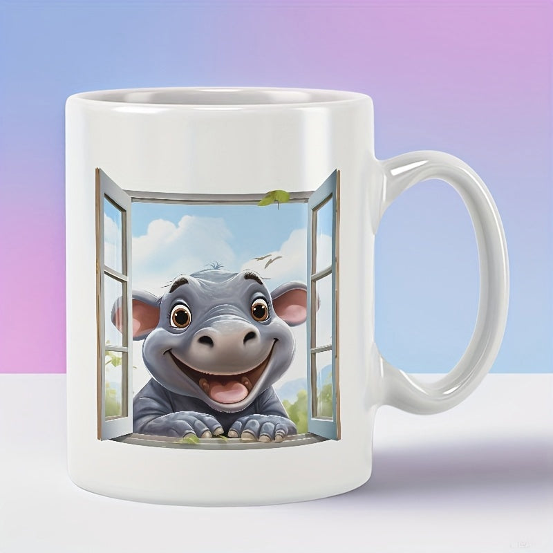 Tailorly White Ceramic 11 oz Mug - Cute Smiling Character Peering Through An Open Window Towards Blue Sky Hippo