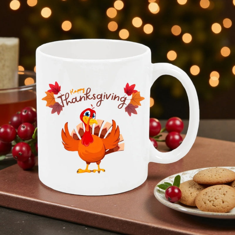 Tailorly White Ceramic 11 oz Mug - Happy Thanksgiving Cheerful Cartoon Turkey Standing Among Colorful Autumn Leaves For Harvest Season Turkey